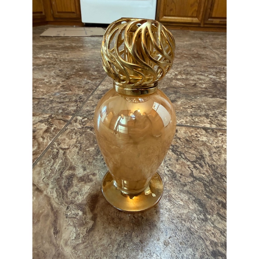 Vintage Amber Luster Glass Catalytic Fragrance Lamp Gold Filigree Cap 7.5in